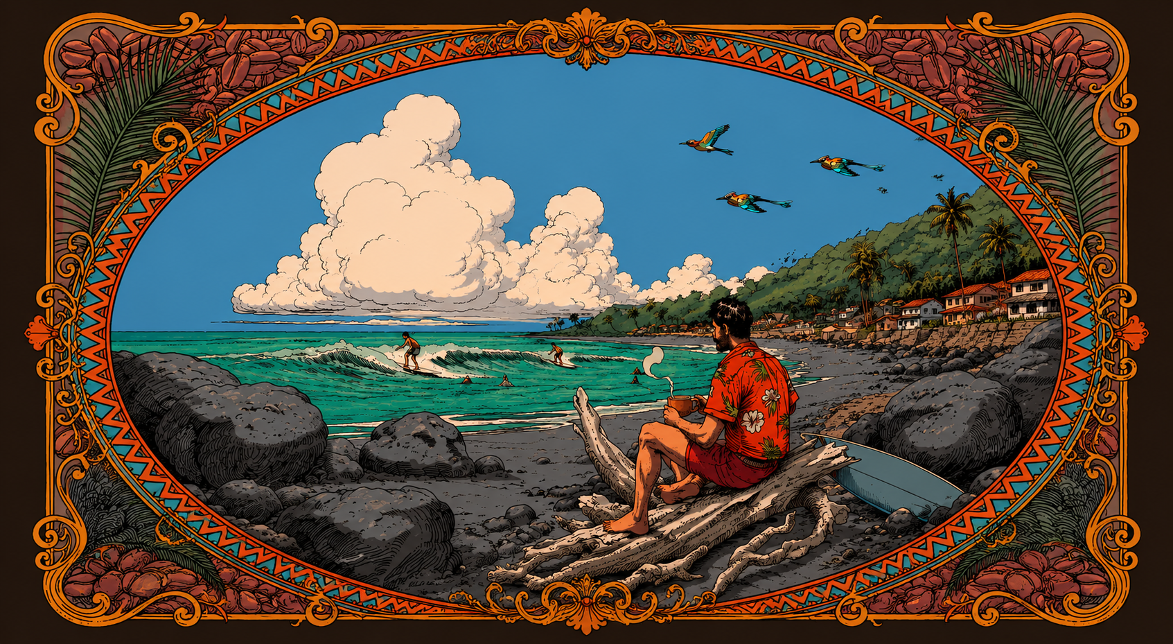 Illustration of a surfer drinking coffee on the El Salvador coast